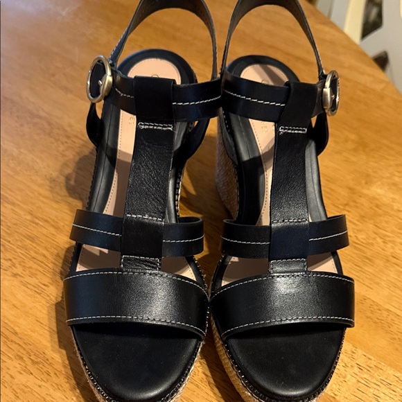 Cole Haan Black Leather Wedge Sandals - Picture 1 of 7